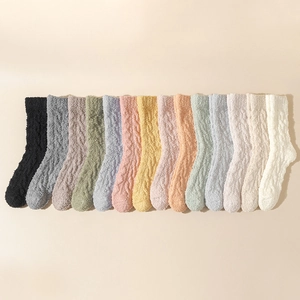 Thick coral fleece socks for winter in fifteen solid colors with cable knit texture