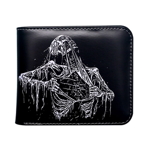 Vintage bifold wallet in black faux leather featuring a skull graphic print for men