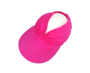 Detail of rose red sun hat with wide brim and ruched elastic headband for toddlers