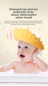 Close-up of baby shower cap with crown design, wide brim and waterproof ear protection
