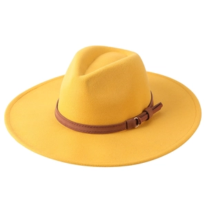 Elegant yellow 9cm wide brim felt fedora jazz hat with brown faux leather belt band