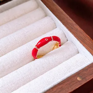 Retro 14K gold plated oval open ring with red enamel finish and golden G detail