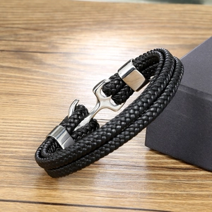 Men's multilayer black braided leather bracelet with silver stainless steel anchor clasp