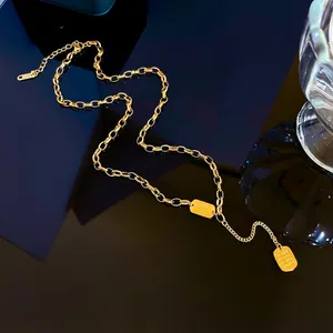Minimalist titanium steel double tag necklace with gold plating and lucky engraving