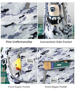 Detail of camouflage backpack showing side mesh pocket with water bottle and front zip pocket