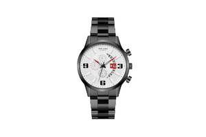 Detail of a men's quartz watch with black steel band and white three-eye chronos dial