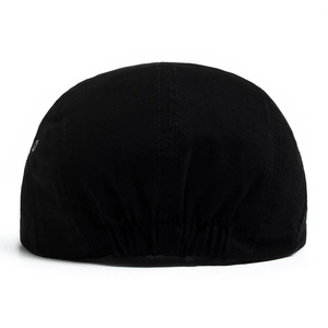 Classic solid black cotton beret hat with elastic back design for unisex vintage casual wear