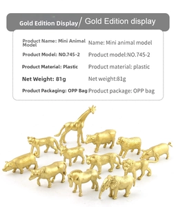 Detailed specs for 12 golden mini animal models in plastic, weighing 81g in OPP bag