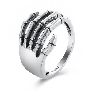 Vintage silver gothic skull hand ring in S925 sterling silver with adjustable open band