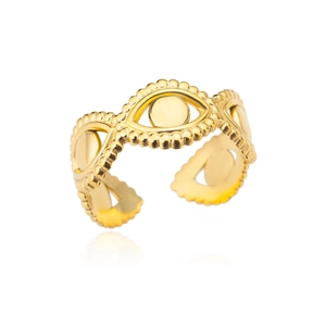 Macro detail of 18k gold plated evil eye adjustable open ring with beaded texture