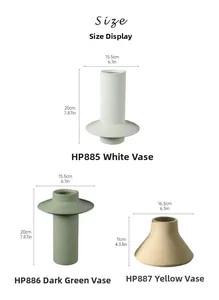 Détails de trois vases modernes en céramique brossée blanche, verte et jaune avec dimensions