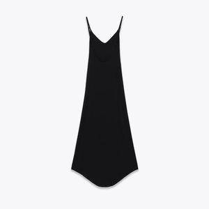 Women Black Spaghetti Strap Maxi Dress Stretch Polyester Crepe V-Neck Sleeveless Side Slit Casual Party Evening Wear