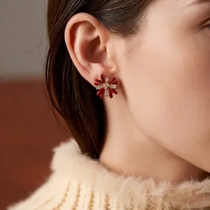 Exquisite 18k gold plated red flower stud earrings with sparkling crystals for women