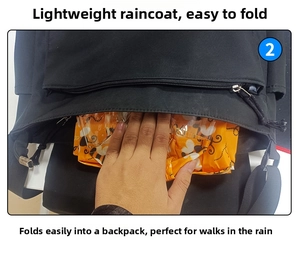 Foldable dog raincoat with yellow bee print being tucked into a backpack pocket