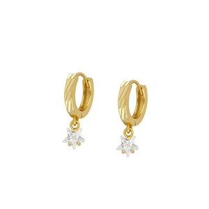 Elegant gold star earrings with cubic zirconia charms and geometric textured hoops