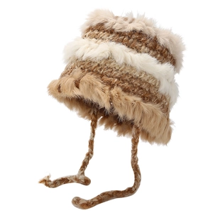 Winter women's rabbit fur knit hat with earflaps and pompom trim in brown and white