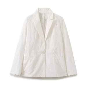 Elegant white eyelet embroidery blazer with floral cutouts and single-button design