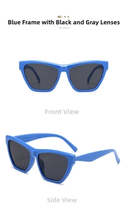 Detail view of blue frame cat eye sunglasses with grey lenses in front and side angles