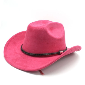Detail of fuchsia suede cowboy hat featuring a brown braided rope and silver buckle