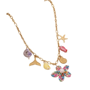 Golden stainless steel ocean themed necklace featuring colorful shell and starfish charms