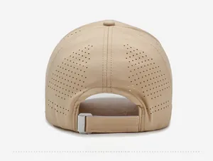 Back view of beige quick-dry baseball cap featuring laser-cut vents and adjustable strap