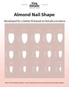 Size chart showing 15 almond-shaped nail tip dimensions for French press-on nails