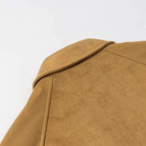 Slim fit brown faux suede bomber jacket showing detailed back collar and shoulder stitching