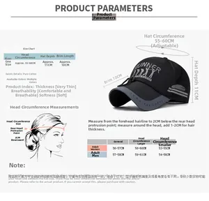 Size chart showing head circumference 55-60cm and dimensions for breathable fishing cap