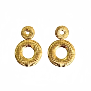 Macro detail of 18k gold plated titanium steel double hoop earrings with pleated texture