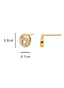 Detailed view of gold plated circular earrings with cubic zirconia and size dimensions