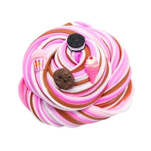 Detail of multi-color butter slime swirl with dessert charms like popcorn and cookies