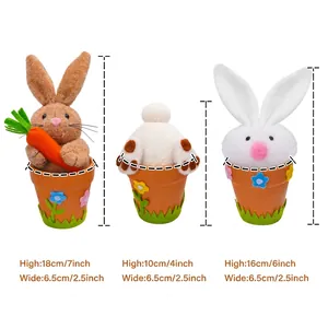 Easter bunny figurine ornaments set in orange pots with size chart for holiday decor
