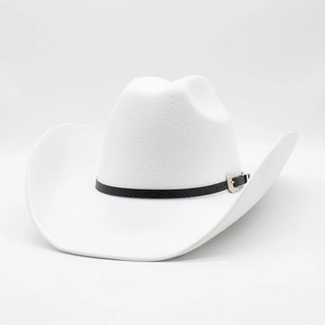 Detail view of white wool felt cowboy hat with black leather strap and metal buckle