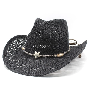 Black hollow weave straw cowboy hat with metallic star and ethnic bead decoration