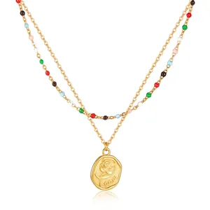 Collier à Double Rangée en Acier Inoxydable avec Pendentif Rose Plaqué Or Perles Colorées Bijoux Vintage Floraux