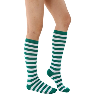 Detail of green and white striped knee-high cotton socks shown on a model side view