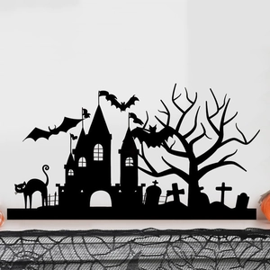 Halloween Silhouette Wandsticker mit Schloss, Fledermäusen und Kürbissen auf Weiß