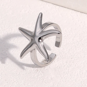Starfish stainless steel open ring in bright silver finish with adjustable band for women