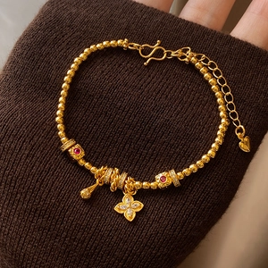 Bracelet Perles Fleur Cuivre Plaqué Or Zircone Pierre Rouge Français Vintage Elégant Coeur Charme Bijoux Femmes