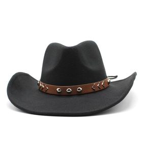 Detailed close-up of a black wool fedora with a brown studded leather band and metal buckle