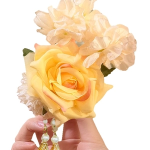 Exquisite yellow fabric rose hair clip with white flowers and elegant pearl tassel