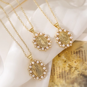 Virgin Mary Pendant Necklace Gold Plated Copper Faux Artificial Pearl Religious Baroque Style Jewelry For Women