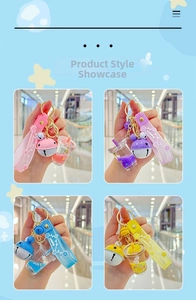 Detail view of unicorn bubble tea keychains with liquid glitter and colorful bells