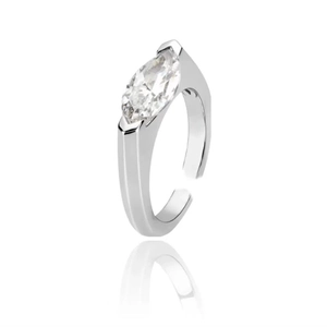 Silver braided twisted open ring featuring a marquise-cut white zircon stone on white background