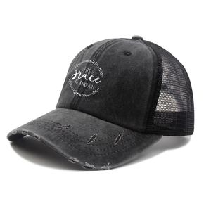 Vintage dark grey washed cotton ponytail mesh baseball cap with his grace slogan print