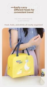 Detail of yellow lunch bag featuring a cartoon duck and durable blue handles