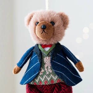 Classic plush teddy bear keychain in British style navy suit and plaid trousers decoration