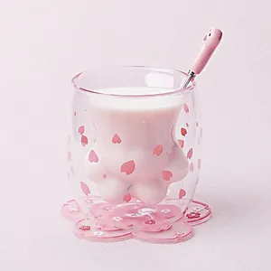 Cat Paw Double Wall Glass Cup Borosilicate Heat Insulated Cherry Blossom Pattern Cute Coffee Milk Mug Gift For Women