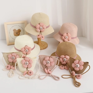 Kids Summer Straw Sun Hat And Floral Crossbody Bag Braided Paper Straw Cute Outdoor Beach For Girls