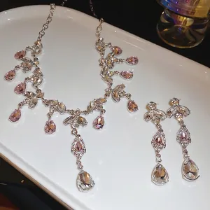 Alloy Rhinestone Pink Waterdrop Tassel Necklace And Earrings With Silver Earring Post For Women Banquet Party Accessories